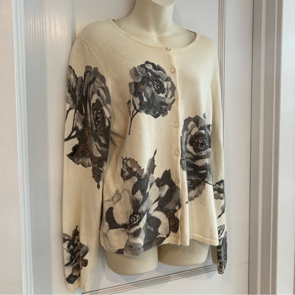 Casual Corner Womens Grey & Cream Floral Button Front Cardigan Size Large - Picture 2 of 7